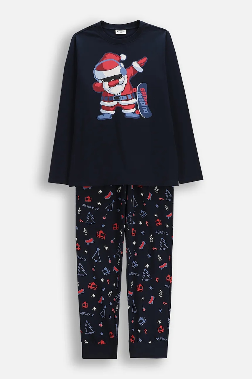 Coccodrillo pijamale din bumbac pentru copii culoarea bleumarin, cu imprimeu, MERRY XMAS