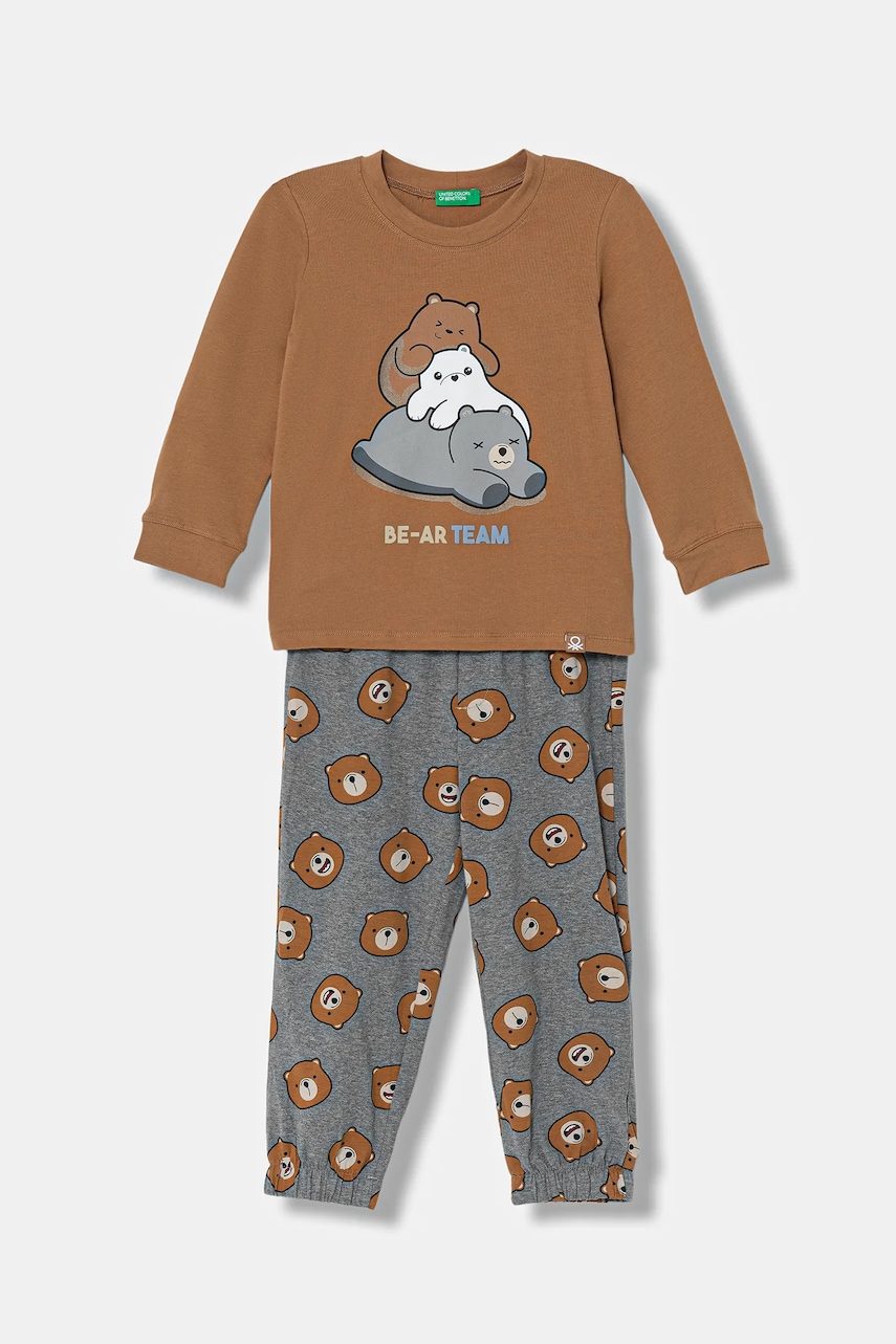 United Colors of Benetton pijama copii 2-pack culoarea maro, cu imprimeu, 3DKE0P09G