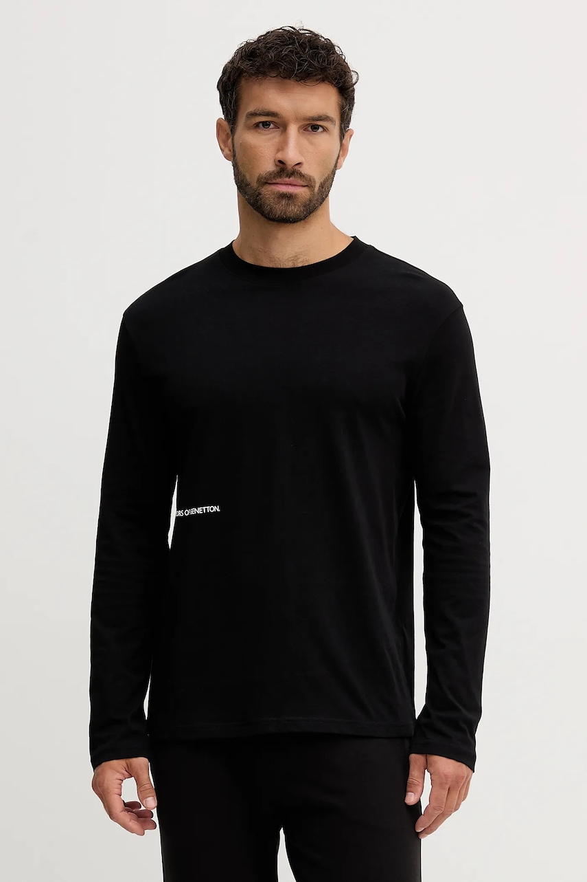 United Colors of Benetton camasa cu maneca lunga din bumbac culoarea negru, cu imprimeu, 30964M021