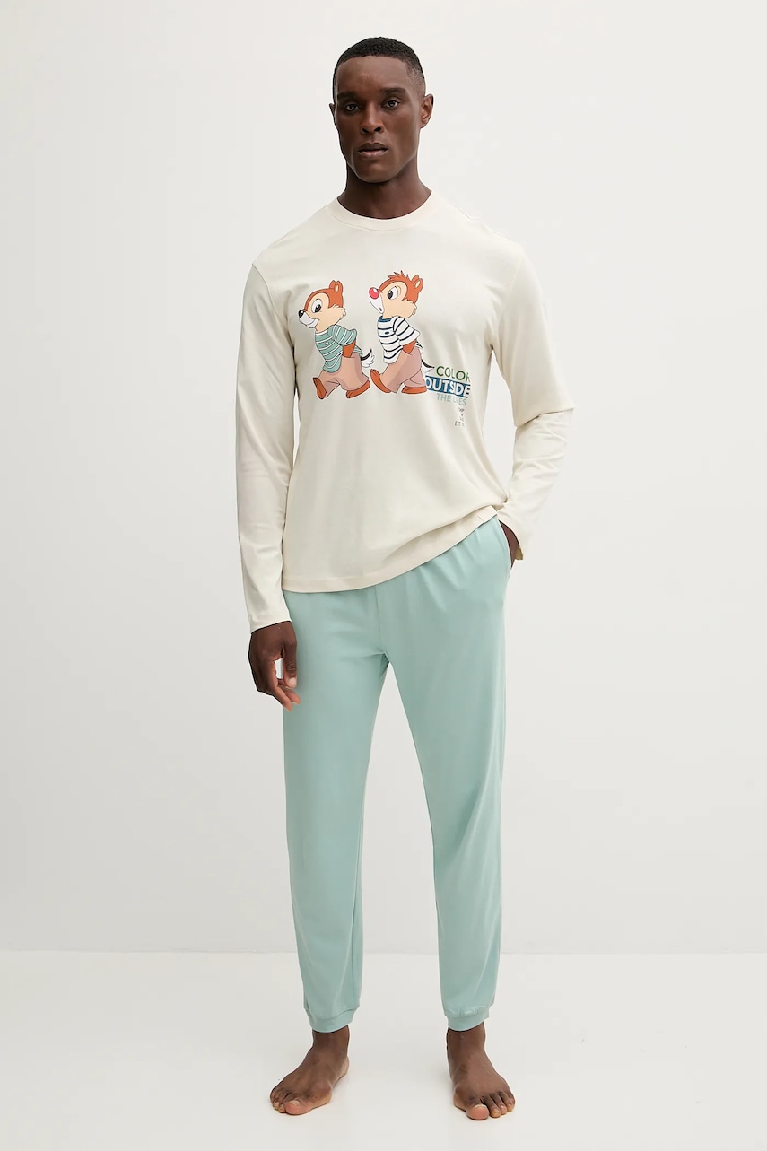 Levně Bavlněné pyžamo United Colors of Benetton pánské, béžová barva, s potiskem, 30964P02Y
