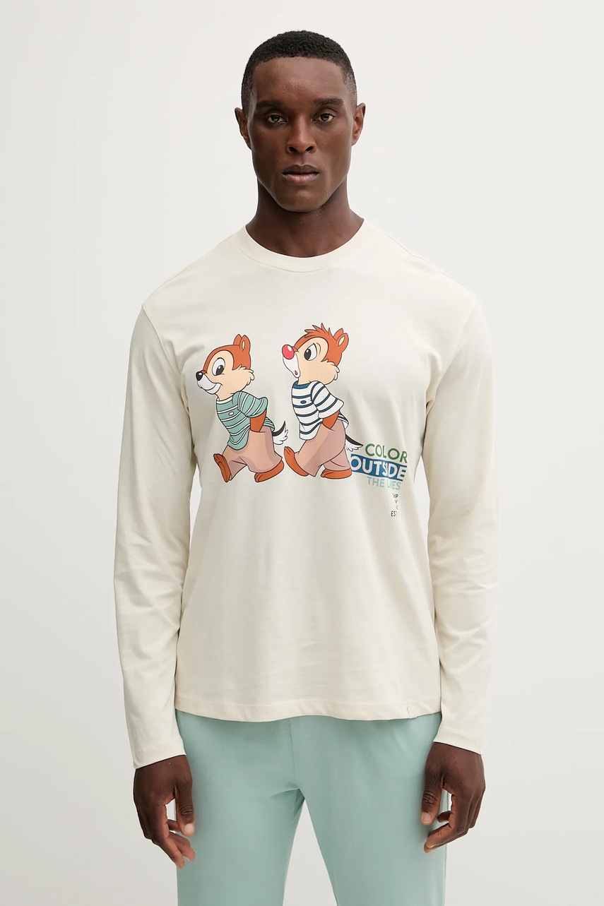 Хлопковая пижама United Colors of Benetton цвет бежевый с принтом 30964P02Y