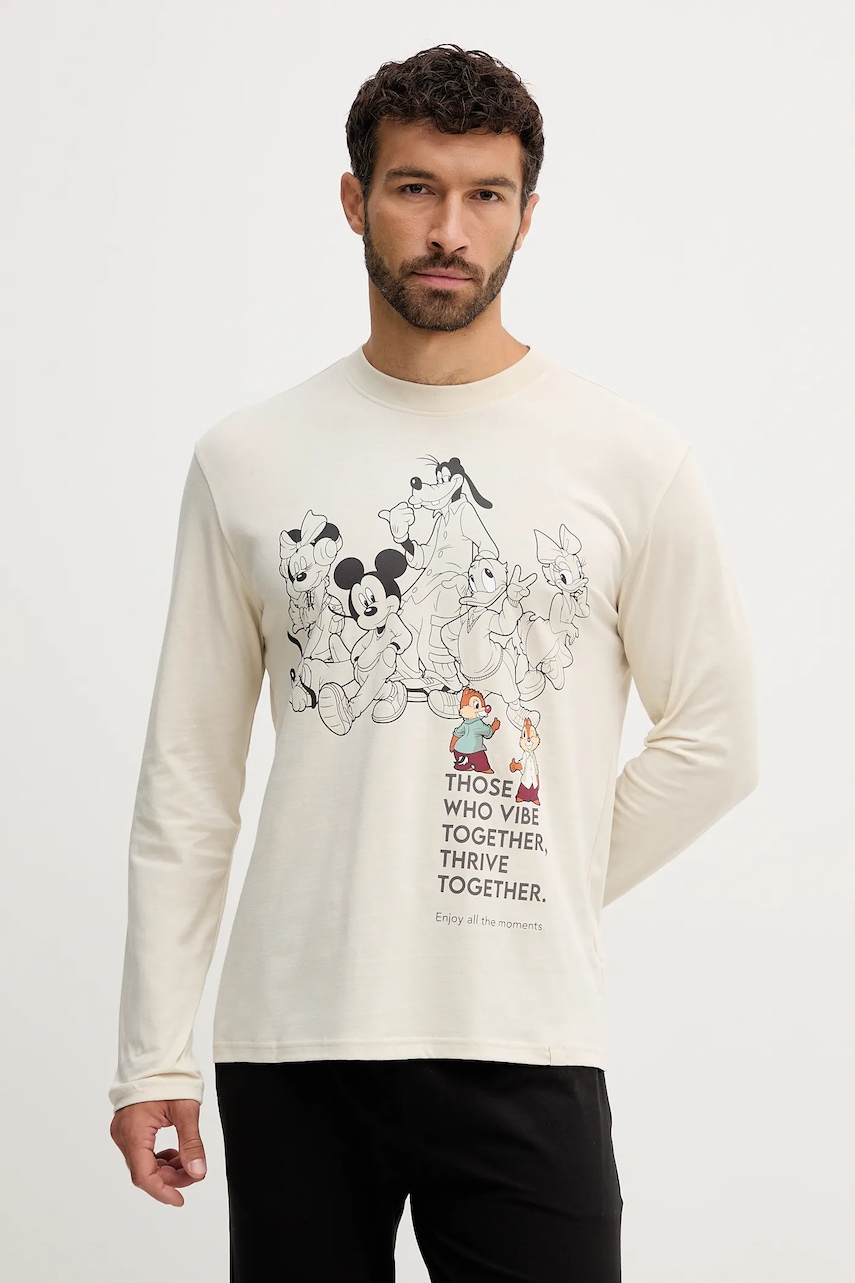 United Colors of Benetton camasa cu maneca lunga din bumbac culoarea bej, cu imprimeu, 3VR54M025