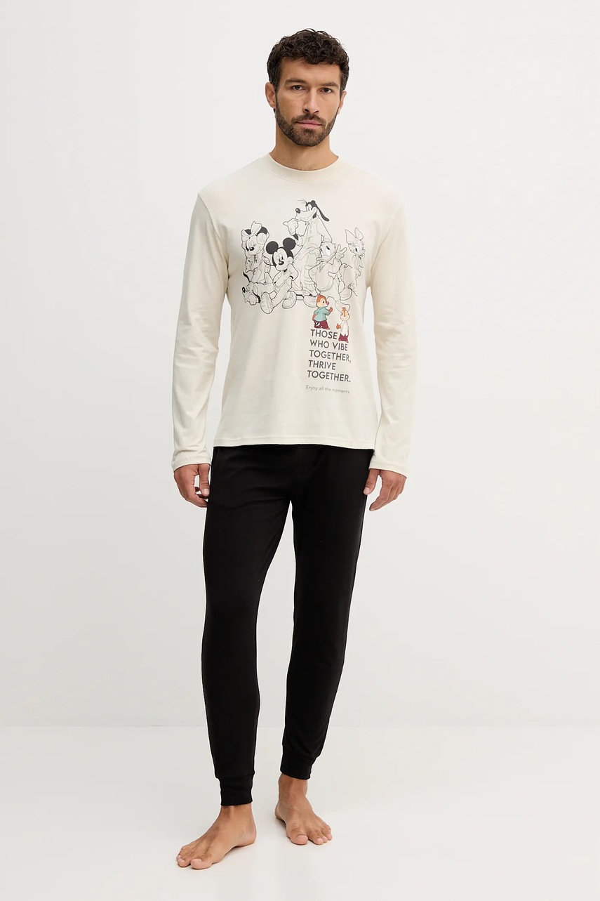 Хлопковый пижамный лонгслив United Colors of Benetton цвет бежевый с принтом 3VR54M025