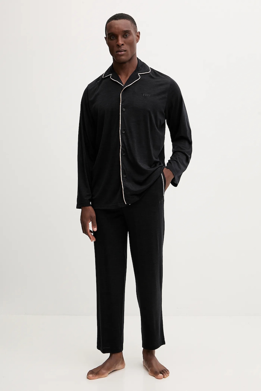 BOSS pijamale din amestec de lână culoarea negru, melanj, 50550554