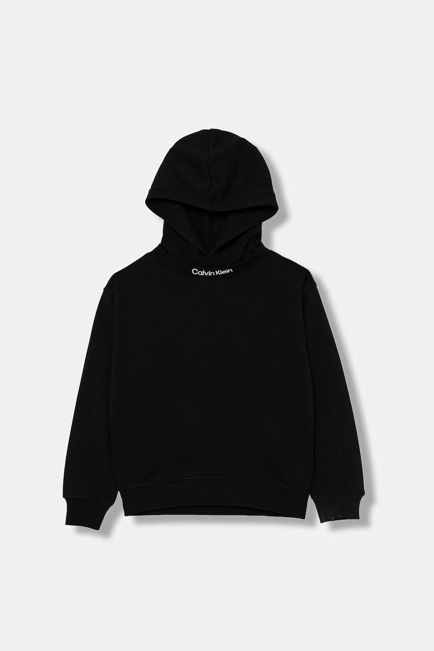 Детская хлопковая кофта Calvin Klein Jeans цвет чёрный с капюшоном однотонная IB0IB02525 Детская хлопковая кофта Calvin Klein Jeans цвет чёрный с капюшоном однотонная IB0IB02525