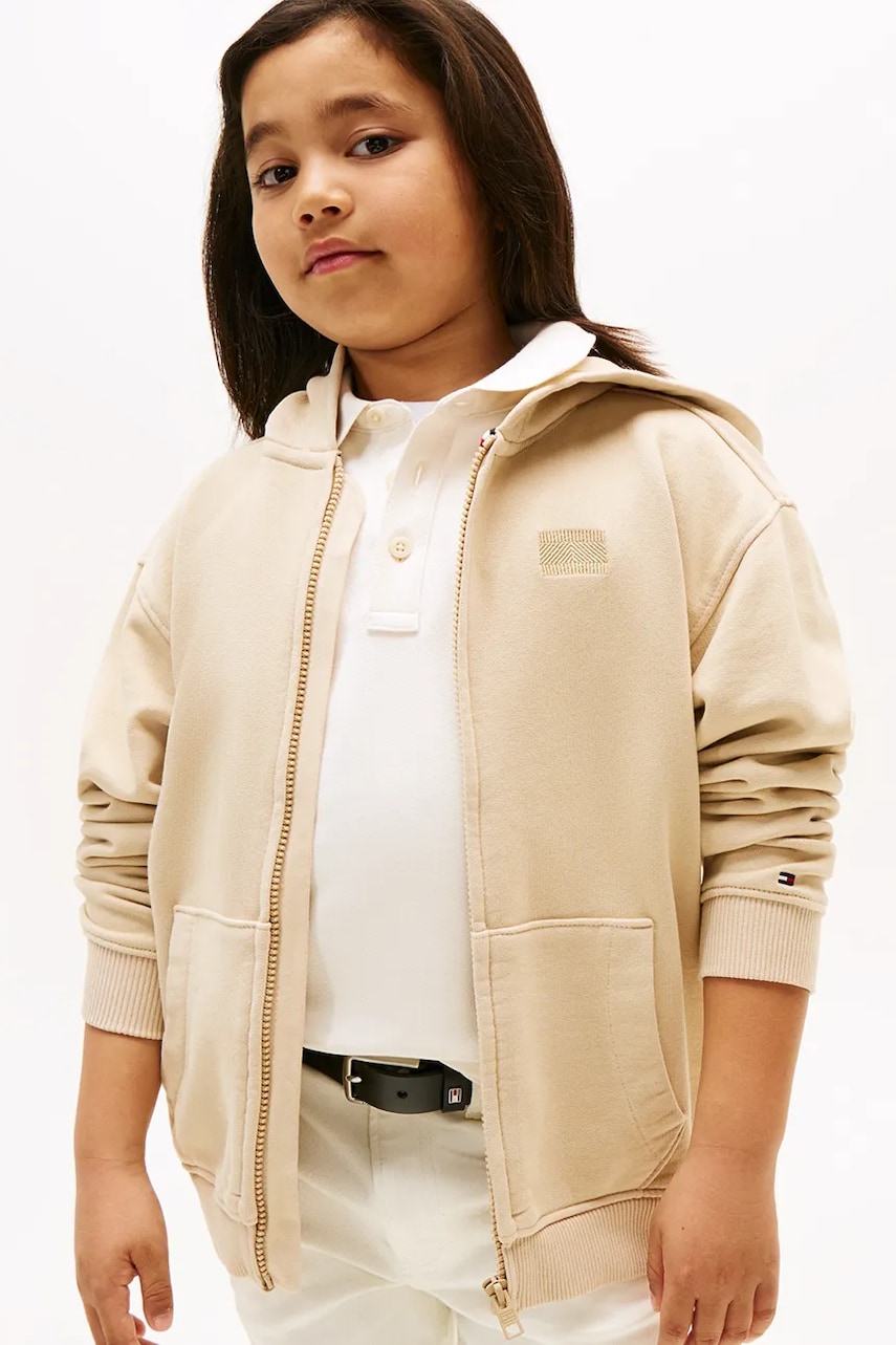 Levně Dětská bavlněná mikina Tommy Hilfiger béžová barva, s kapucí, hladká, KB0KB09750