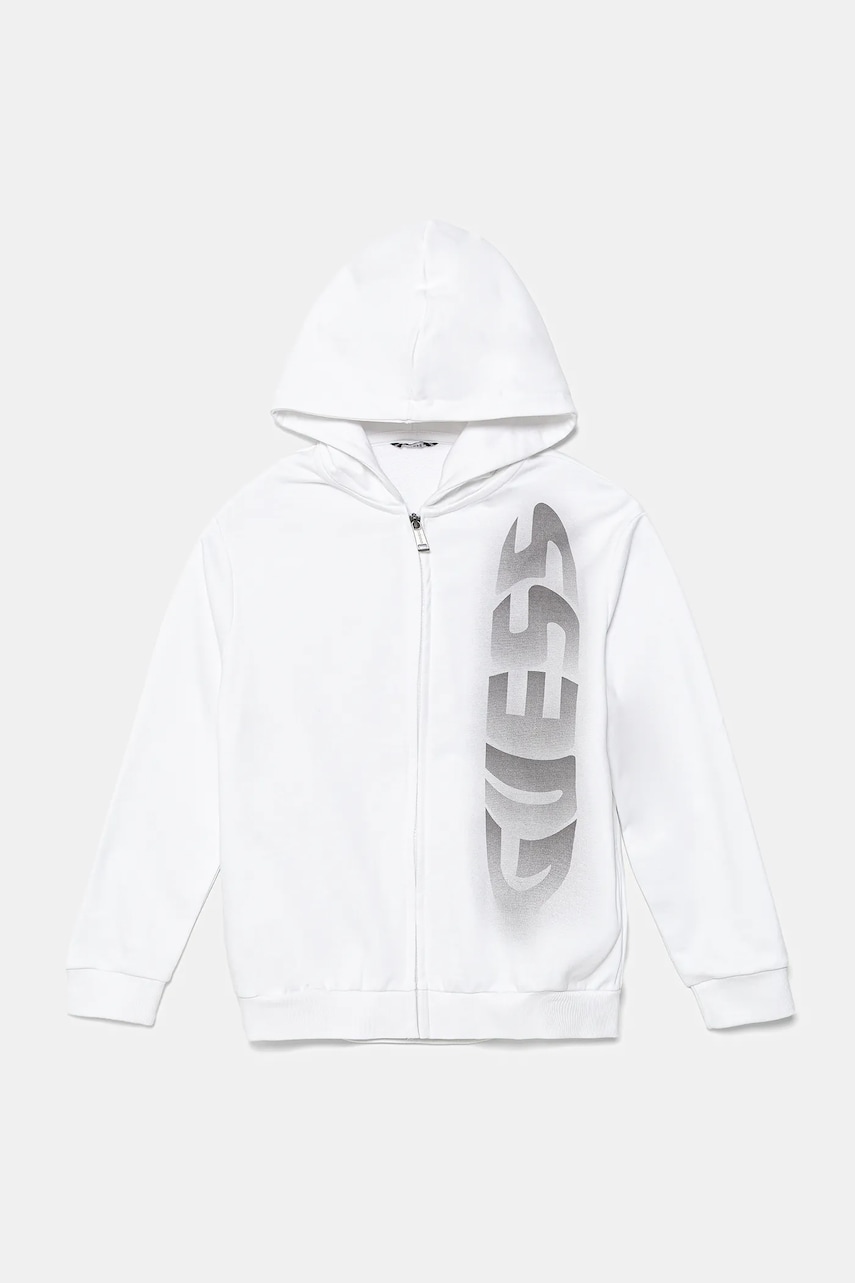 Levně Dětská bavlněná mikina Guess bílá barva, s kapucí, s potiskem, L5YQ01 KAD74