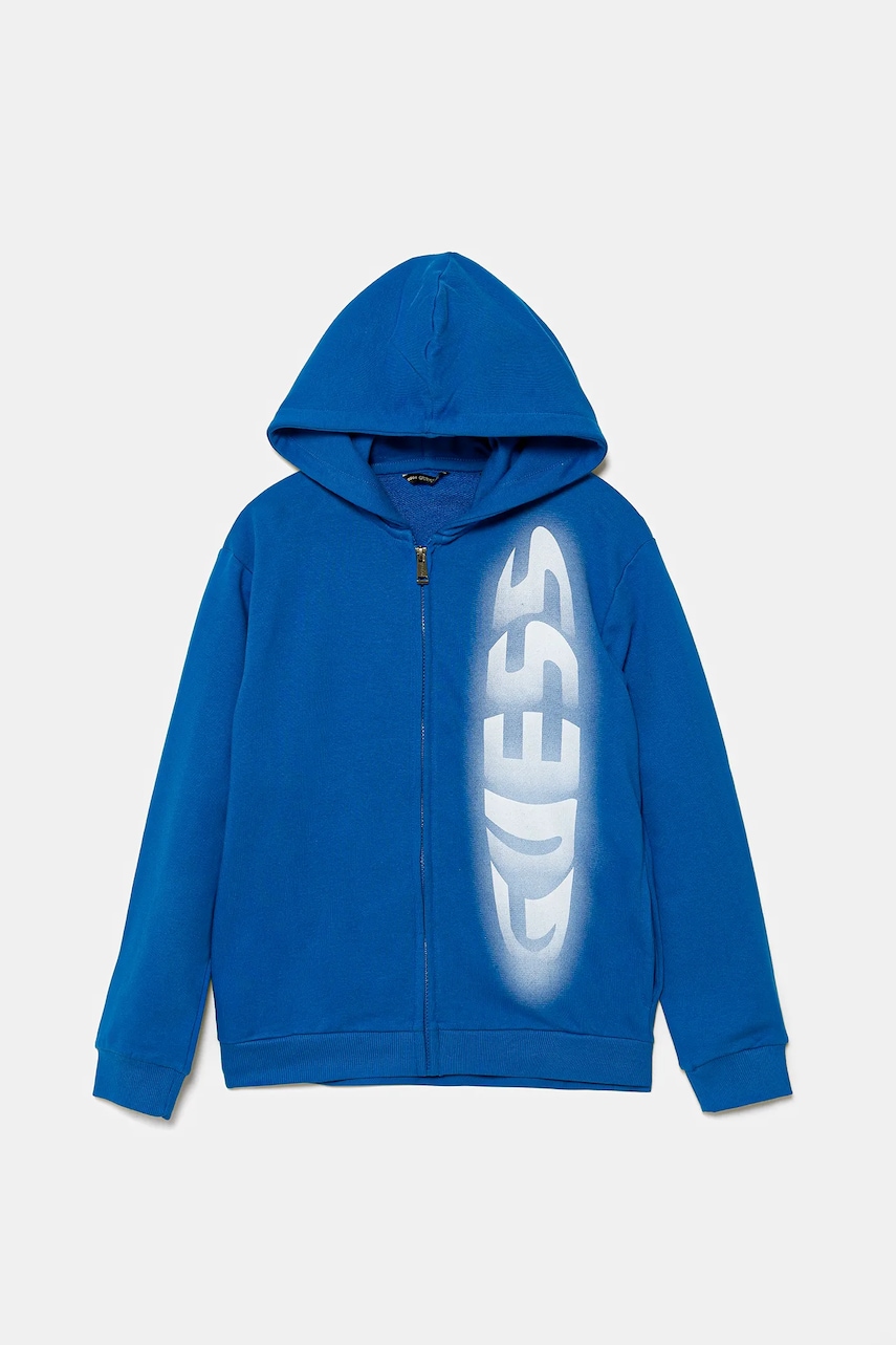 Levně Dětská bavlněná mikina Guess modrá barva, s kapucí, s potiskem, L5YQ01 KAD74