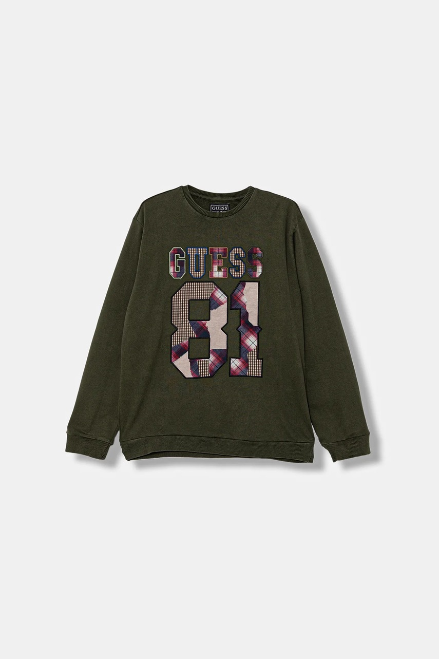 Levně Dětská bavlněná mikina Guess zelená barva, s aplikací, L5YQ07 KA6R4
