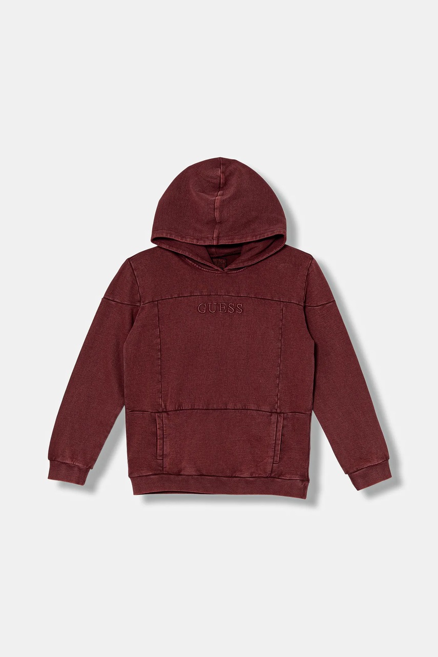 Levně Dětská bavlněná mikina Guess vínová barva, s kapucí, hladká, L5YQ08 KAX74