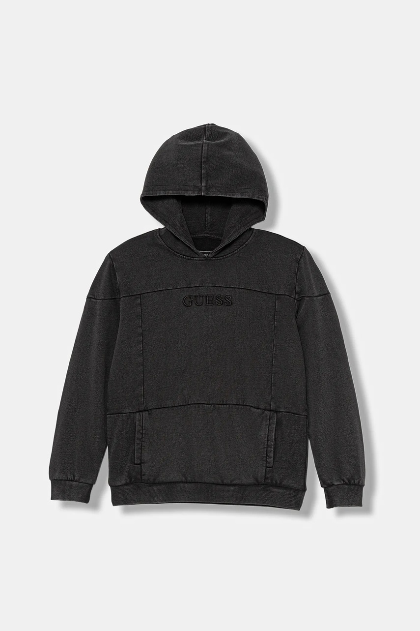 Levně Dětská bavlněná mikina Guess černá barva, s kapucí, hladká, L5YQ08 KAX74