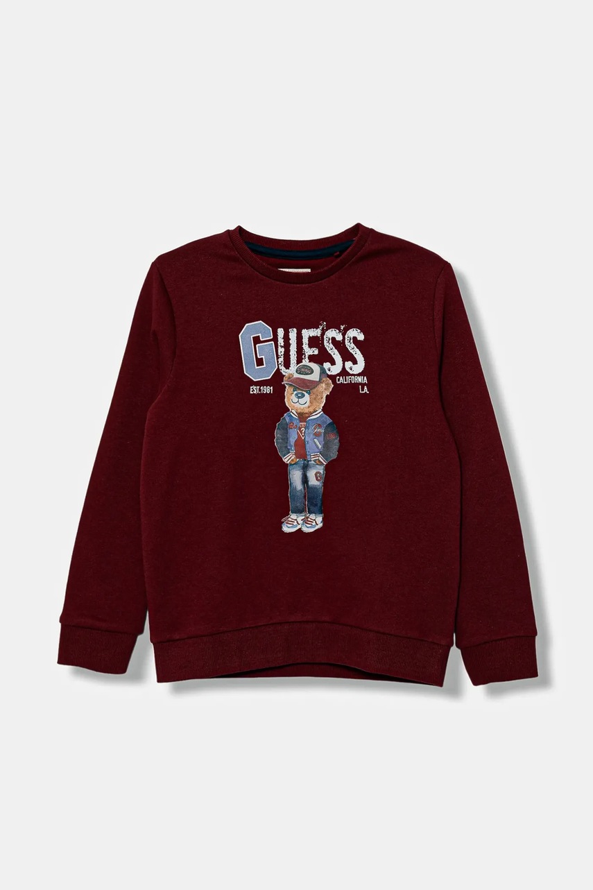 Levně Dětská bavlněná mikina Guess vínová barva, s potiskem, N5YQ05 KAD74
