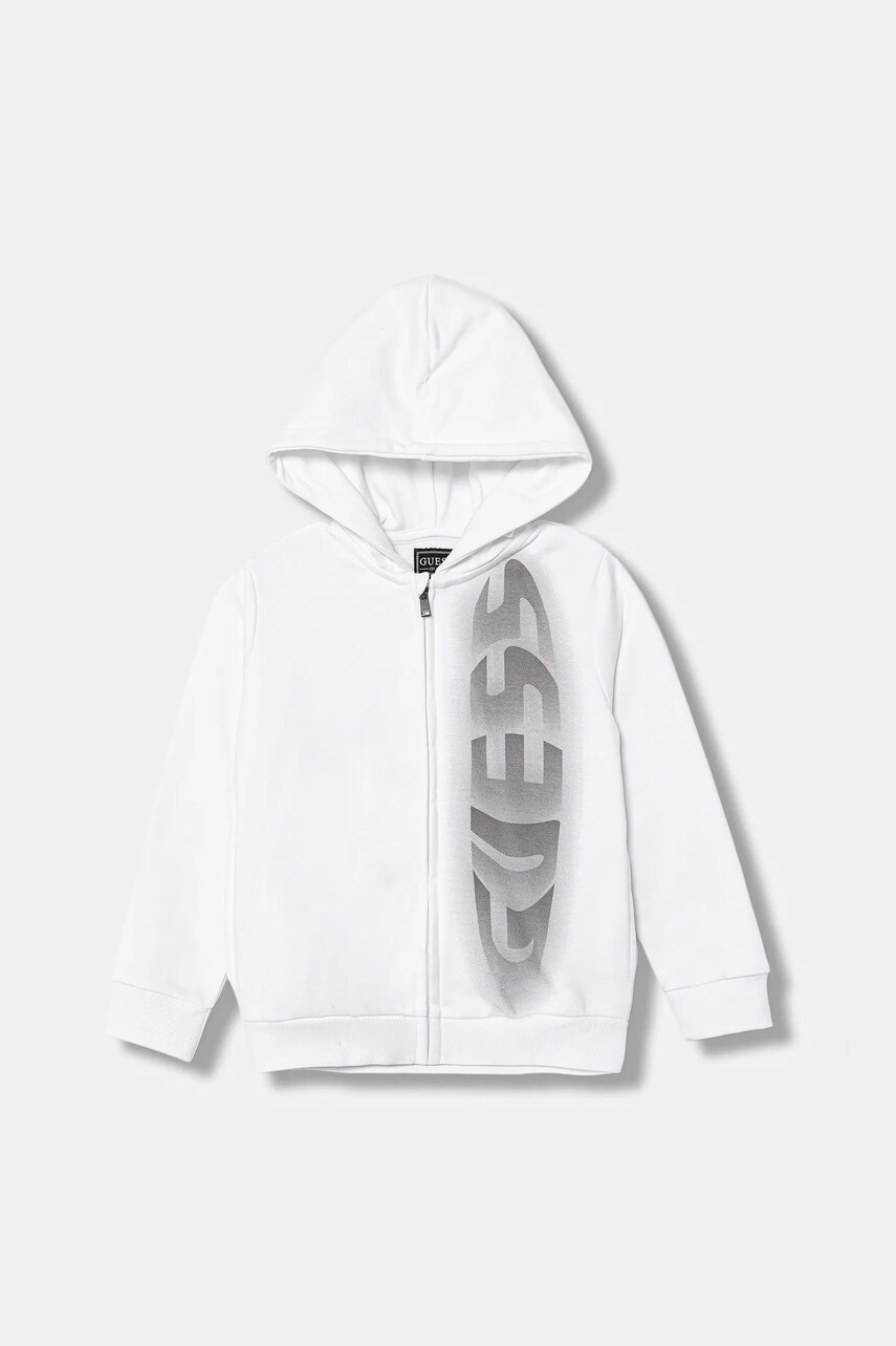 Levně Dětská bavlněná mikina Guess bílá barva, s kapucí, s potiskem, N5YQ08 KAD74