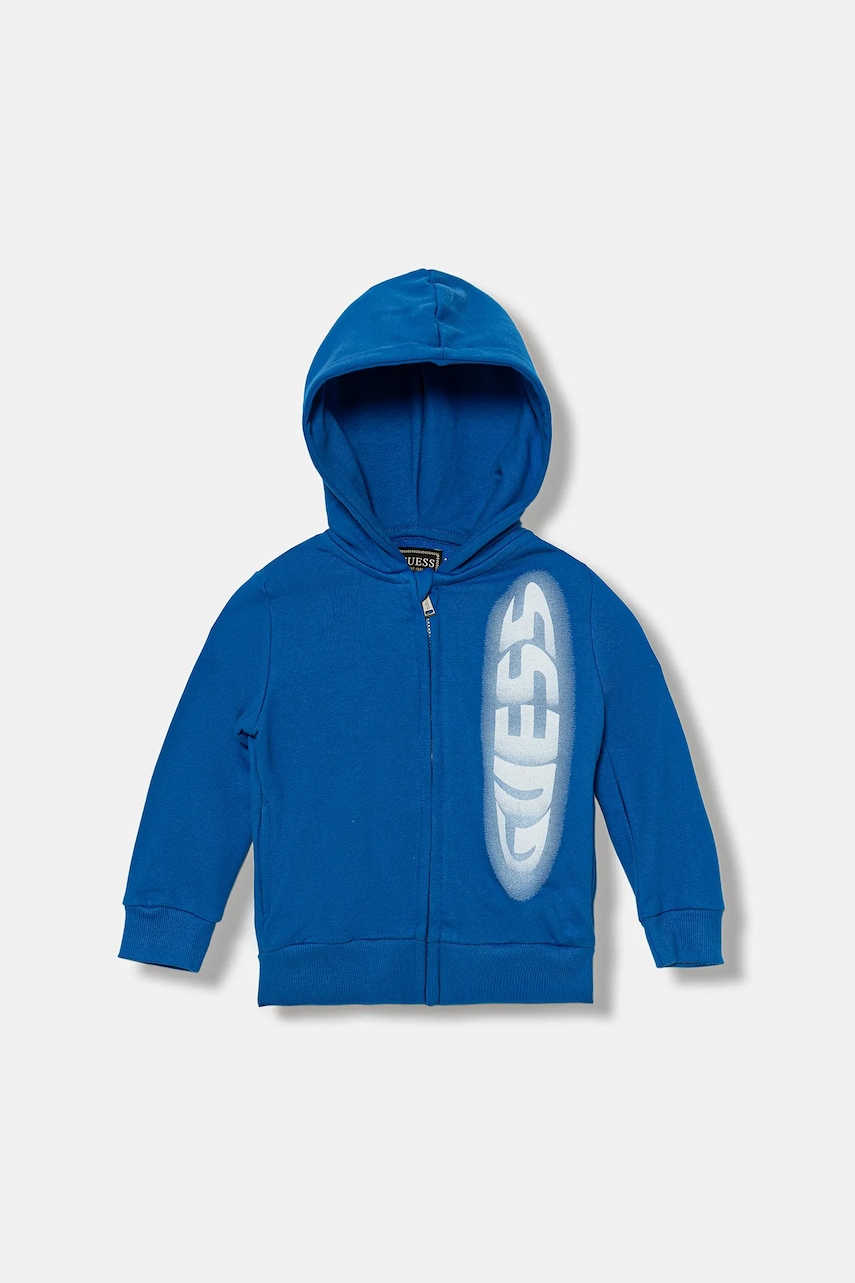 Levně Dětská bavlněná mikina Guess modrá barva, s kapucí, s potiskem, N5YQ08 KAD74