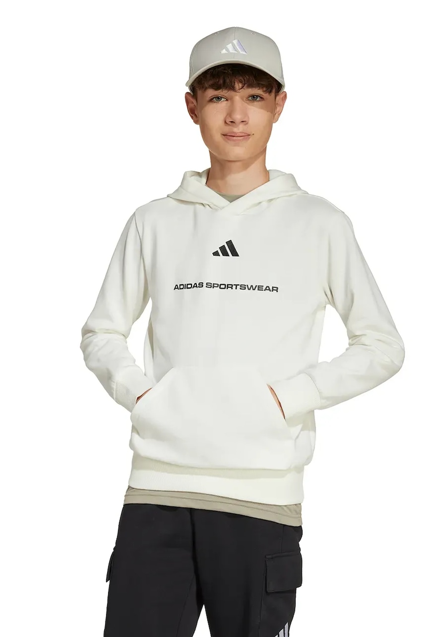 adidas bluză copii culoarea bej, cu glugă, cu imprimeu, KC2806