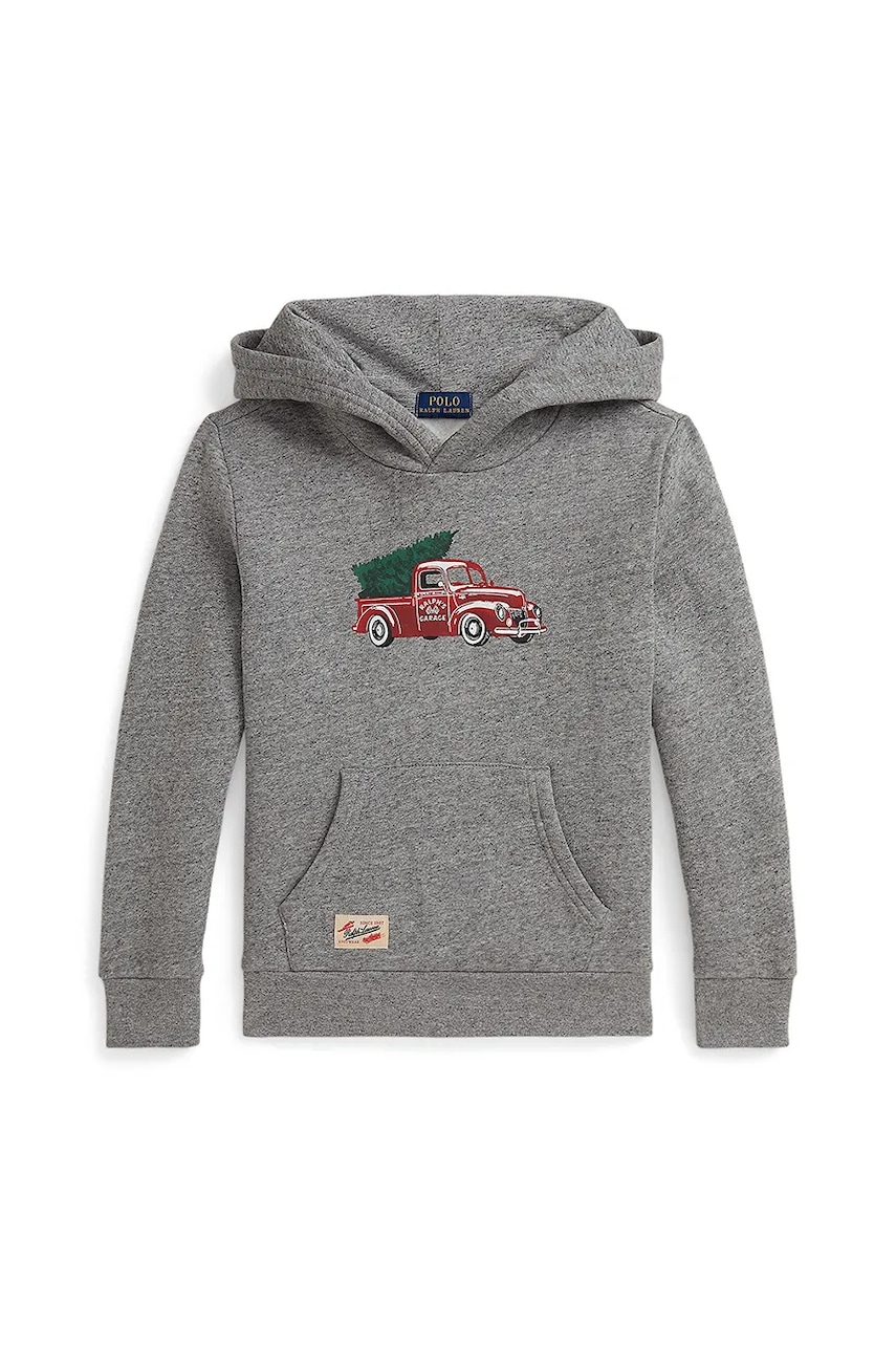 Детская кофта с хлопком Polo Ralph Lauren цвет серый с капюшоном с принтом 322981325001 Детская кофта с хлопком Polo Ralph Lauren цвет серый с капюшоном с принтом 322981325001