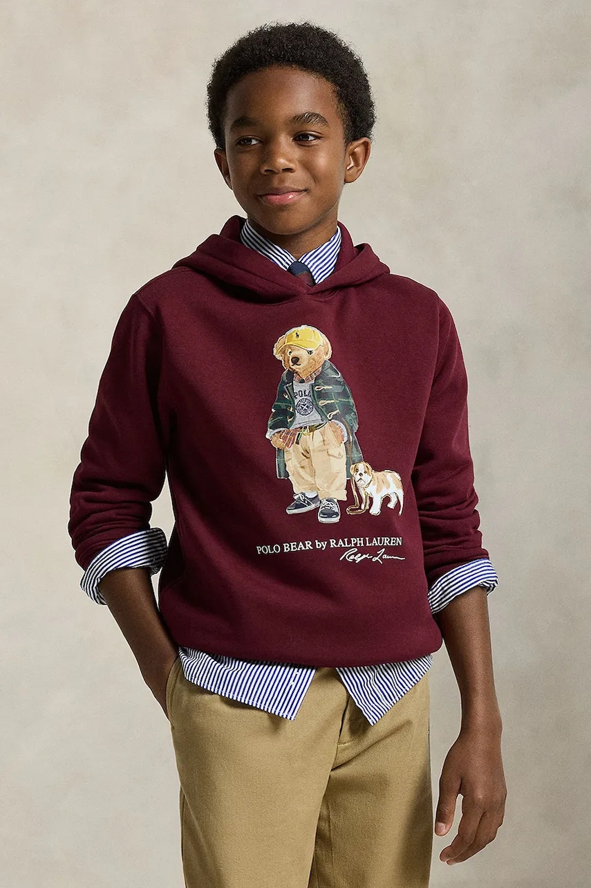Levně Dětská mikina Polo Ralph Lauren vínová barva, s kapucí, s potiskem, 323979491001