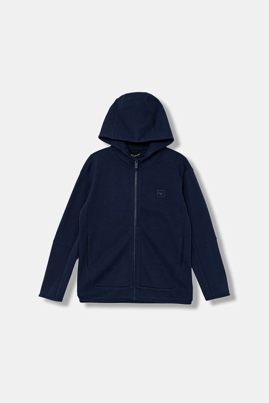 Levně Dětská mikina Emporio Armani tmavomodrá barva, s kapucí, hladká, EB000555 AF16059