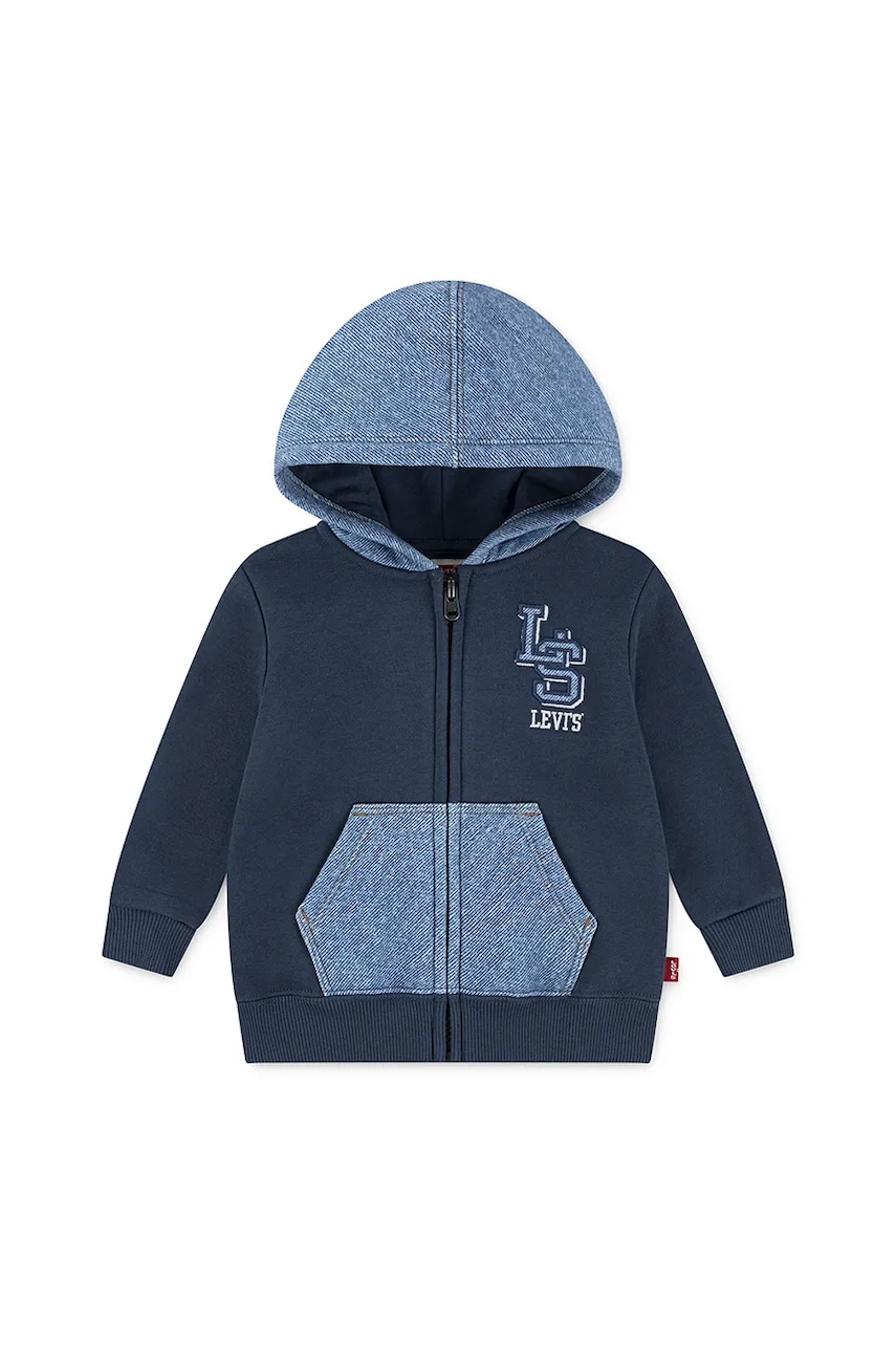 Levi\'s hanorac de bumbac pentru bebeluși KNIT DENIM ZIP UP culoarea bleumarin, cu glugă, cu imprimeu, 6EN725
