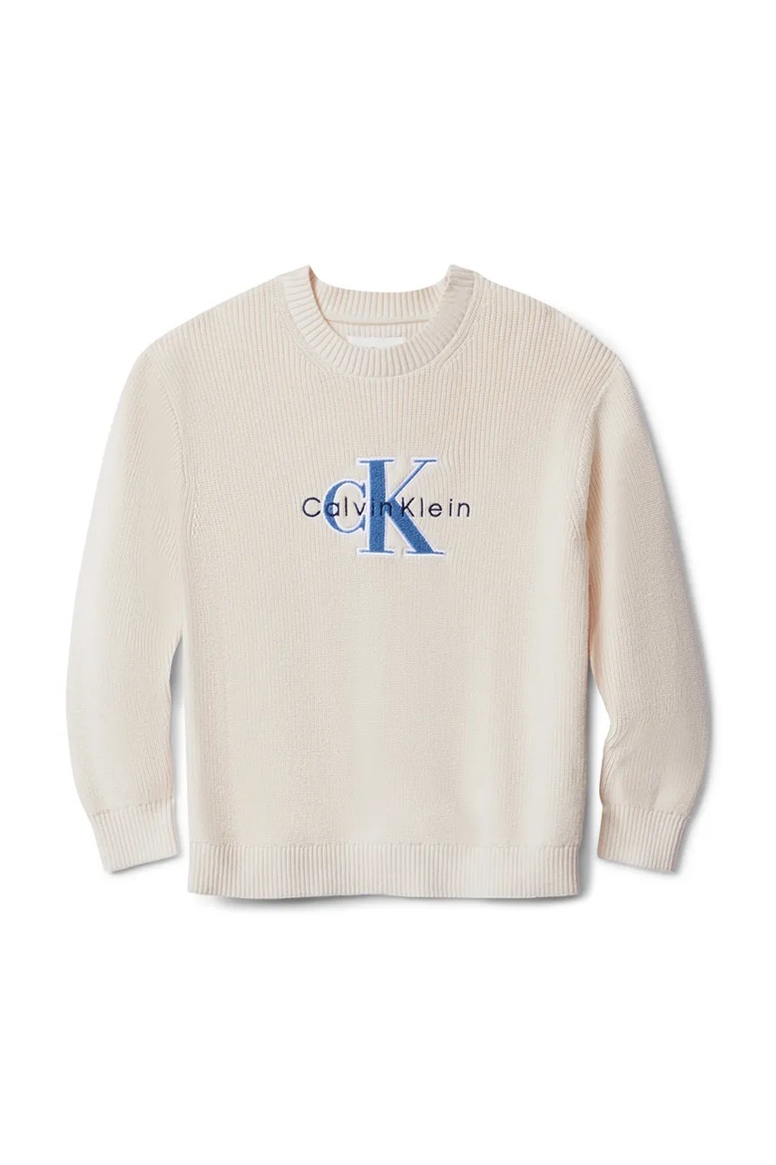 Детский хлопковый свитер Calvin Klein Jeans цвет бежевый однотонный IB0IB02598 Детский хлопковый свитер Calvin Klein Jeans цвет бежевый однотонный IB0IB02598