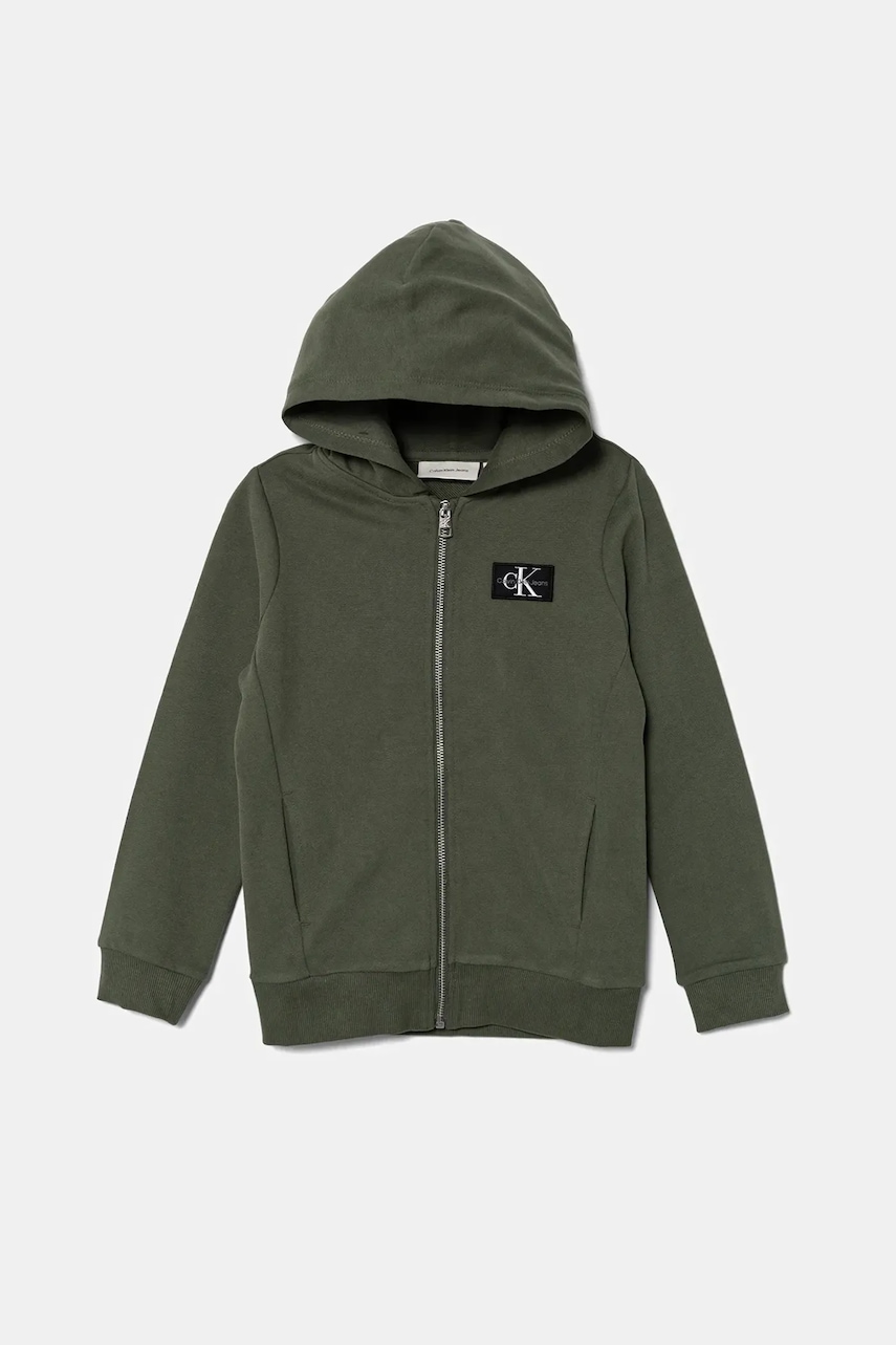 Levně Dětská bavlněná mikina Calvin Klein Jeans zelená barva, s kapucí, s aplikací, IB0IB02213