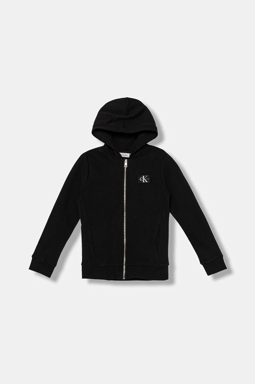 Levně Dětská bavlněná mikina Calvin Klein Jeans černá barva, s kapucí, s aplikací, IB0IB02213