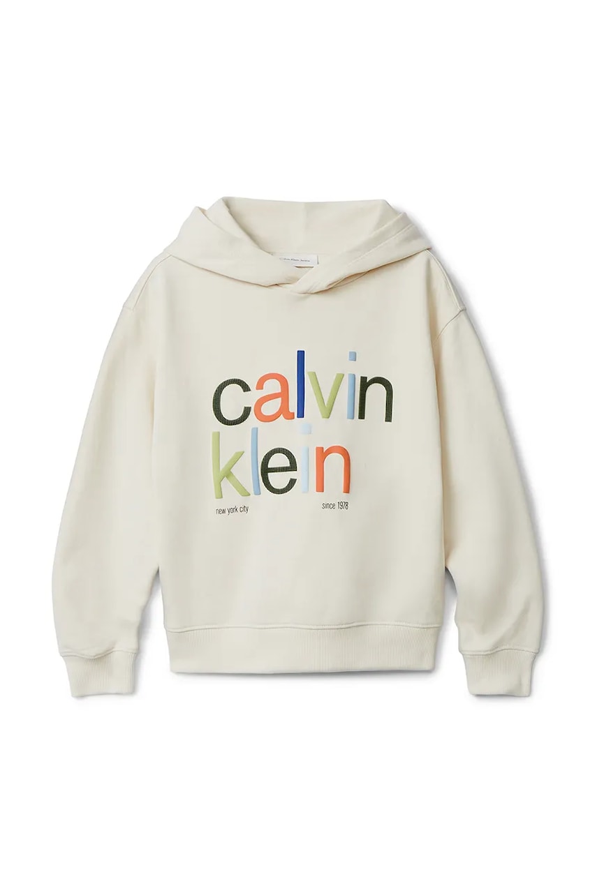 Детская кофта Calvin Klein Jeans цвет бежевый с капюшоном с принтом IB0IB02563 Детская кофта Calvin Klein Jeans цвет бежевый с капюшоном с принтом IB0IB02563