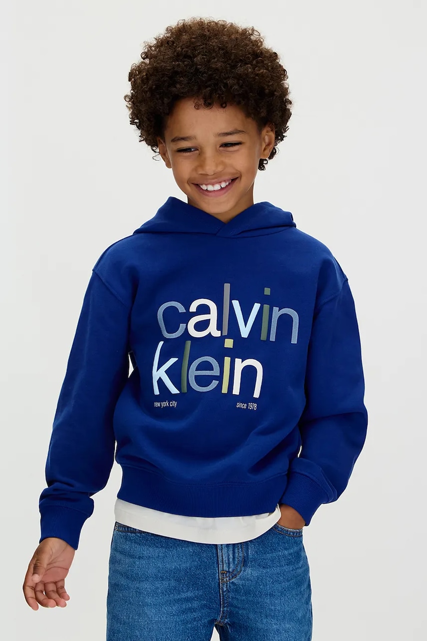 Levně Dětská mikina Calvin Klein Jeans tmavomodrá barva, s kapucí, s potiskem, IB0IB02563