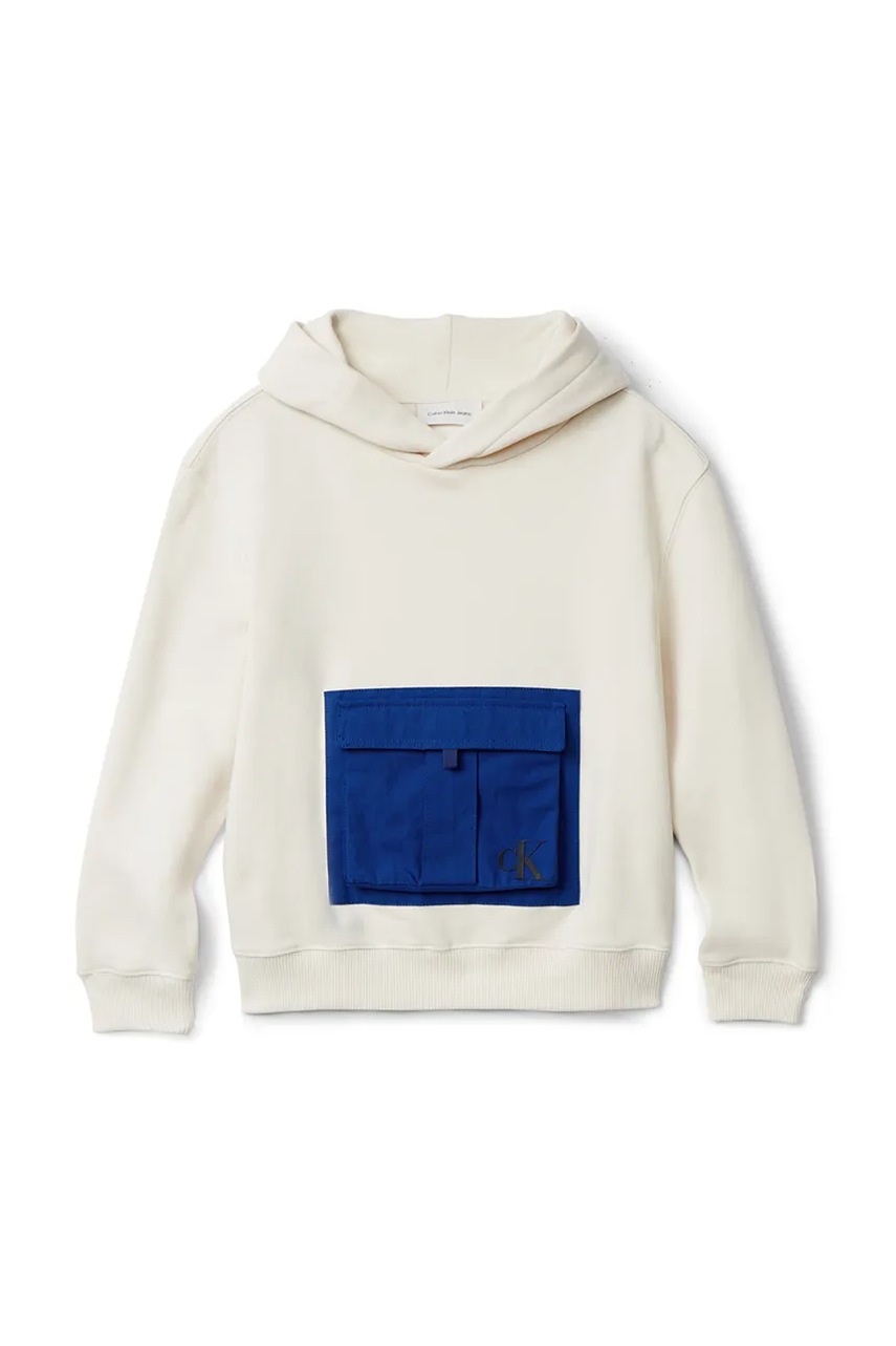 Levně Dětská mikina Calvin Klein Jeans béžová barva, s kapucí, hladká, IB0IB02566