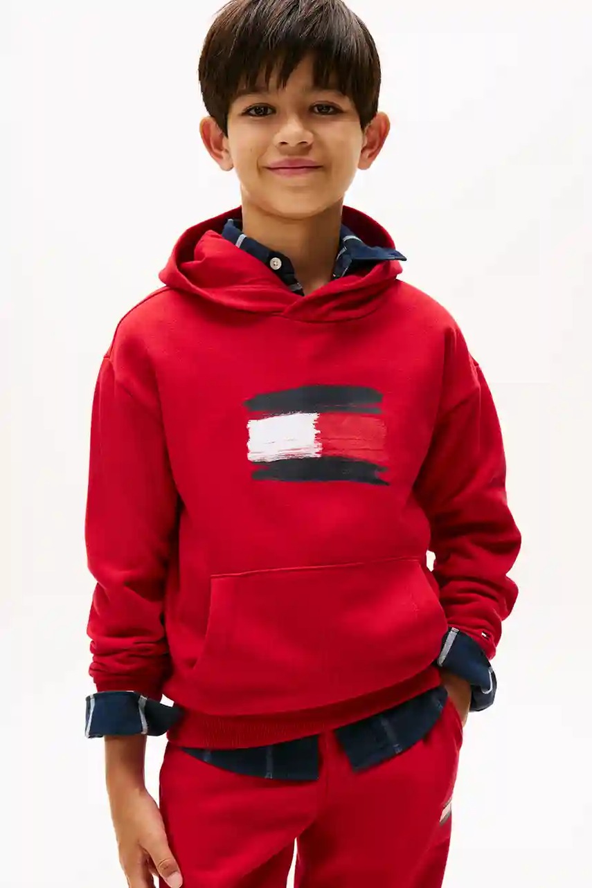 

Детски суичър Tommy Hilfiger в червено с качулка с принт KB0KB10112, Червен