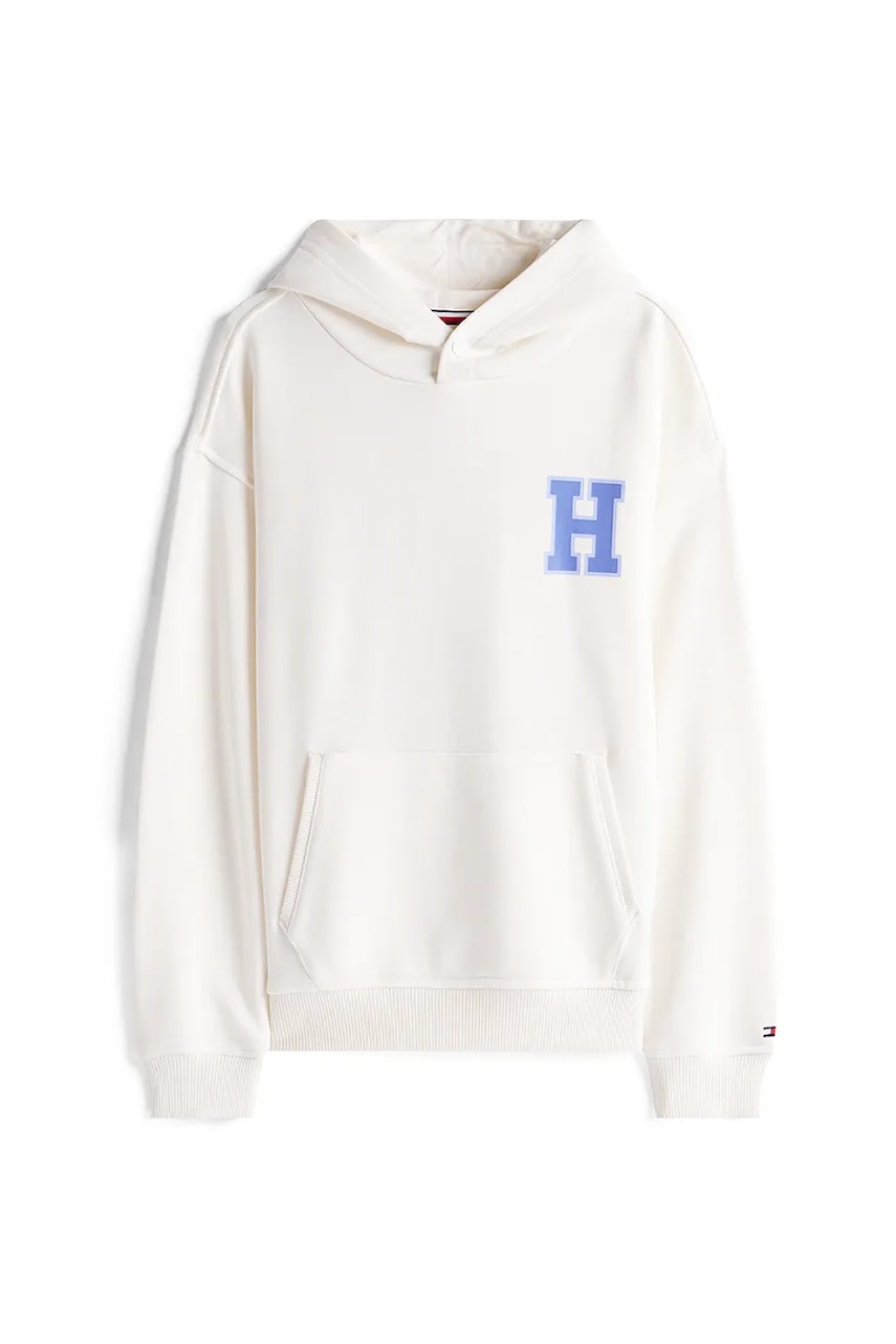 Детская хлопковая кофта Tommy Hilfiger цвет белый с капюшоном с принтом KB0KB10177 Детская хлопковая кофта Tommy Hilfiger цвет белый с капюшоном с принтом KB0KB10177
