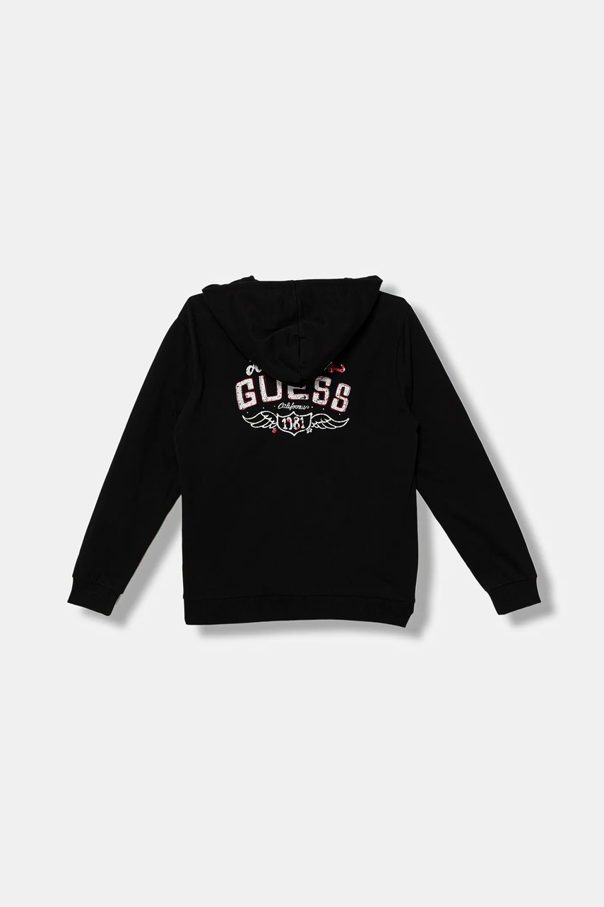 Детская хлопковая кофта Guess цвет чёрный с капюшоном узор L5BQ06 KAX74