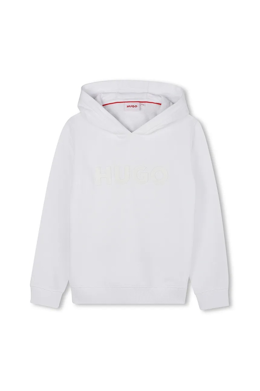 HUGO bluză copii culoarea alb, cu glugă, cu imprimeu, G00446