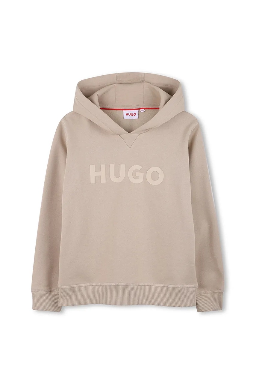 HUGO bluză copii culoarea bej, cu glugă, cu imprimeu, G00446