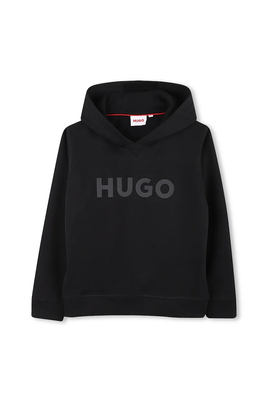 HUGO bluză copii culoarea negru, cu glugă, cu imprimeu, G00446