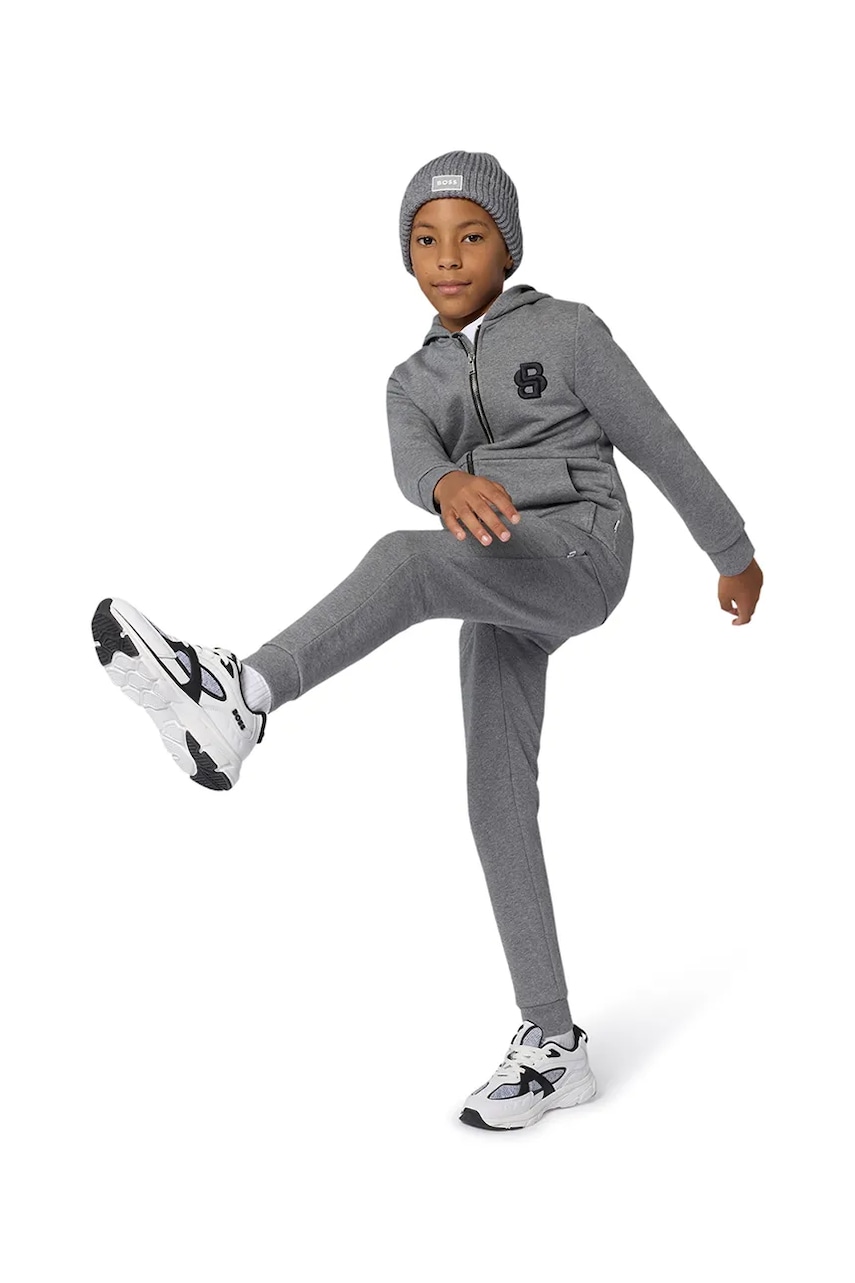 BOSS bluză copii culoarea gri, cu glugă, cu imprimeu, J52320