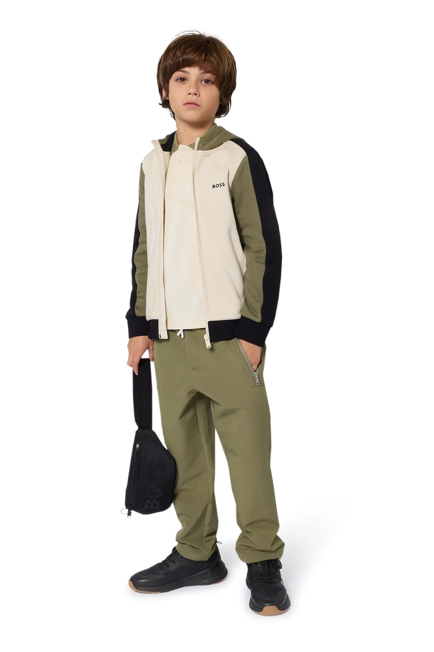 BOSS bluză copii culoarea bej, cu glugă, cu imprimeu, J52322