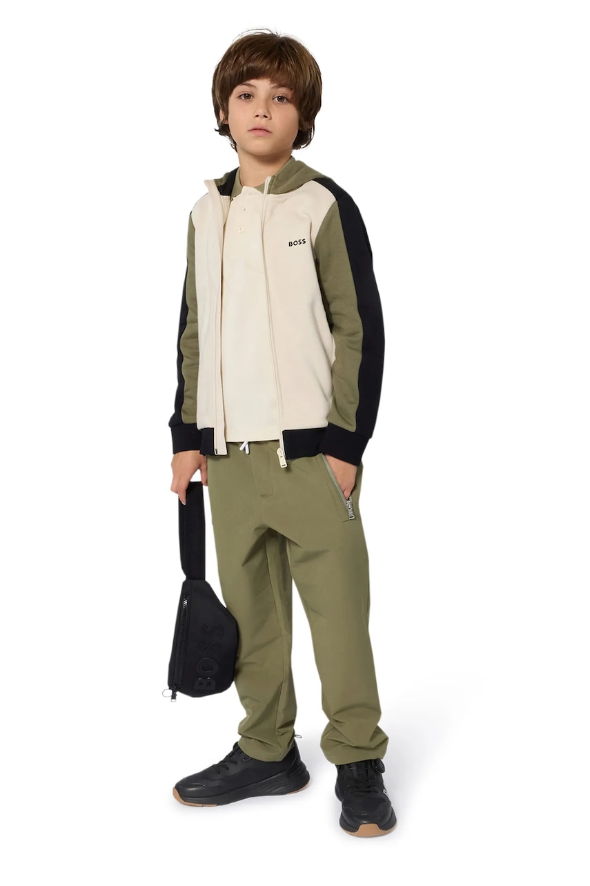 BOSS bluză copii culoarea bej, cu glugă, cu imprimeu, J52322