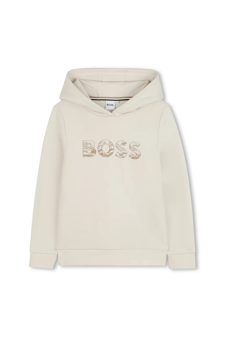 BOSS bluză copii culoarea bej, cu glugă, cu imprimeu, J52355