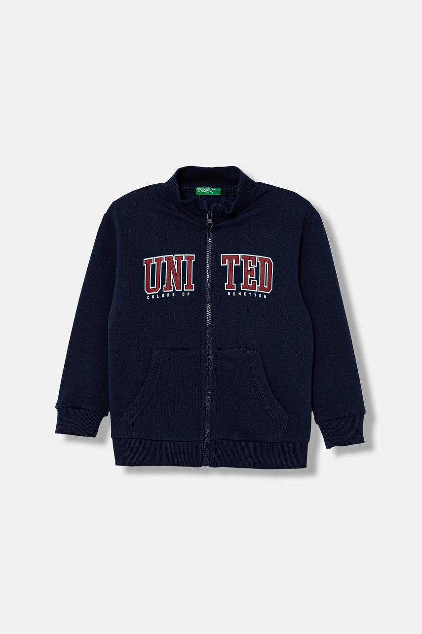 Levně Dětská bavlněná mikina United Colors of Benetton tmavomodrá barva, s potiskem, 3J70G5033