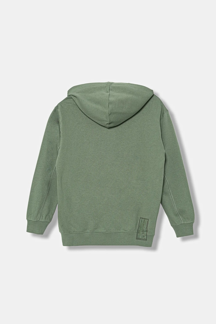Детская хлопковая кофта United Colors of Benetton цвет зелёный с капюшоном однотонная 3NBMC505H Детская хлопковая кофта United Colors of Benetton цвет зелёный с капюшоном однотонная 3NBMC505H