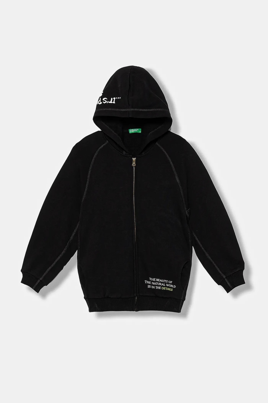 United Colors of Benetton hanorac de bumbac pentru copii culoarea negru, cu glugă, cu imprimeu, 33NVC505A