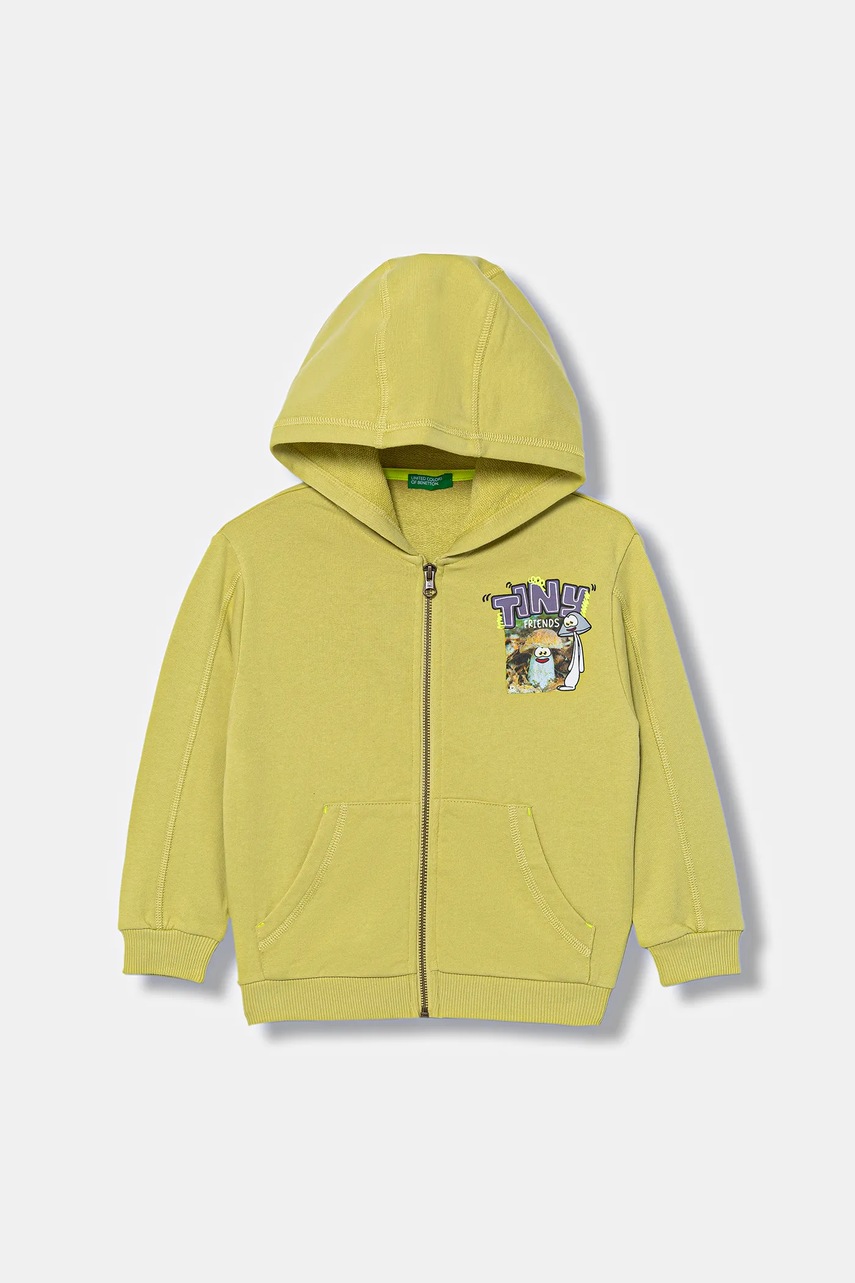 Levně Dětská bavlněná mikina United Colors of Benetton zelená barva, s kapucí, s potiskem, 33NVG5041