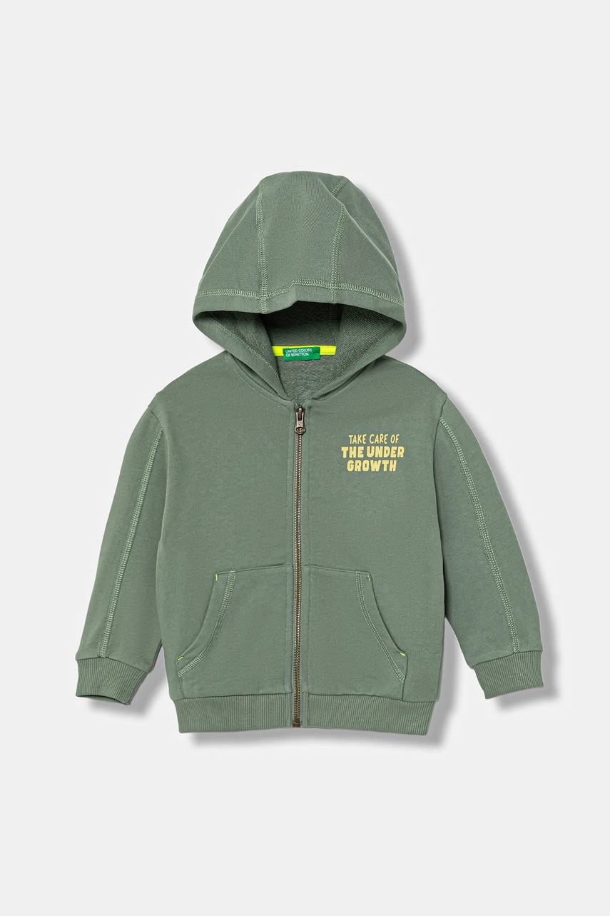 United Colors of Benetton hanorac de bumbac pentru copii culoarea verde, cu glugă, cu imprimeu, 33NVG5041