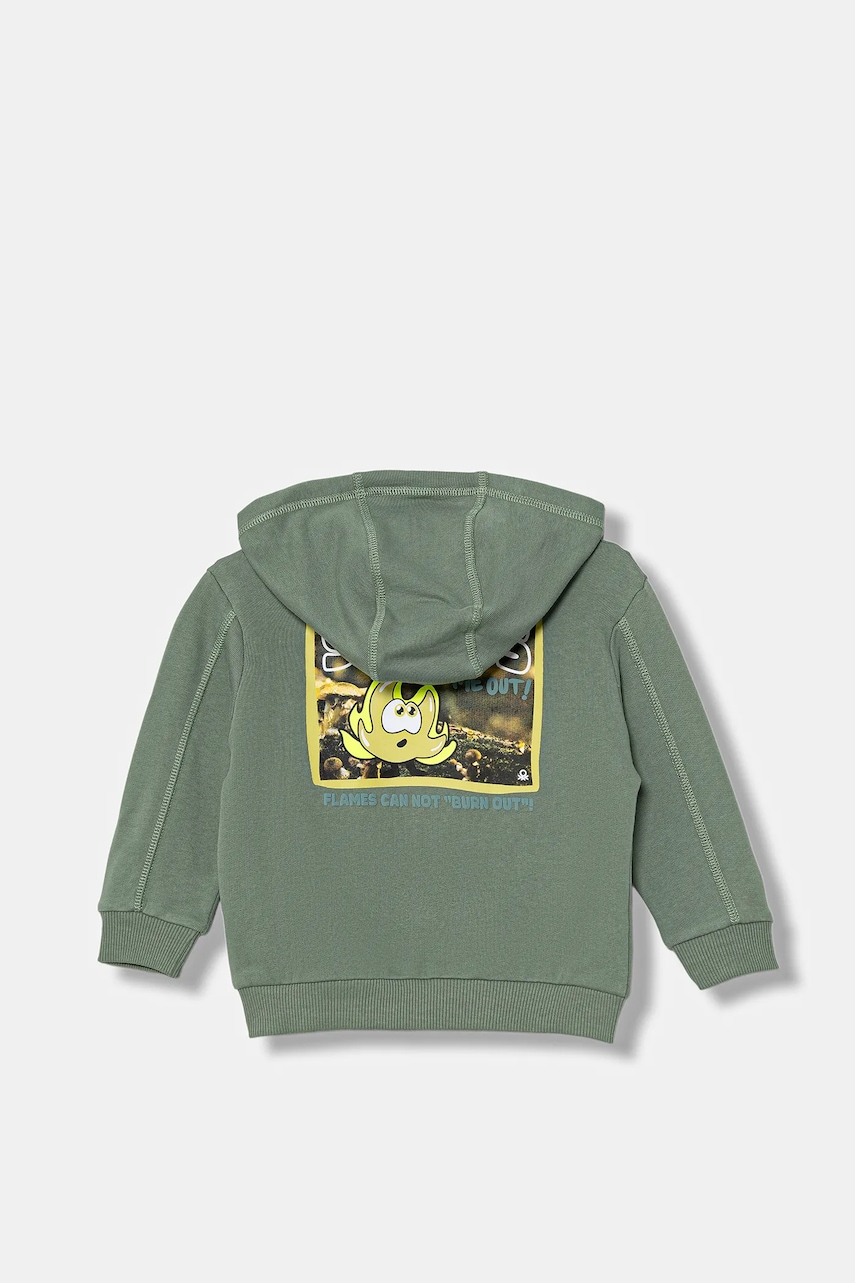 Детская хлопковая кофта United Colors of Benetton цвет зелёный с капюшоном с принтом 33NVG5041 Детская хлопковая кофта United Colors of Benetton цвет зелёный с капюшоном с принтом 33NVG5041