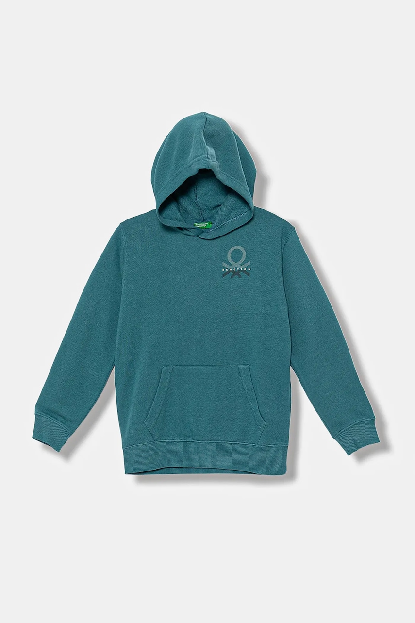 United Colors of Benetton hanorac de bumbac pentru copii culoarea turcoaz, cu glugă, cu imprimeu, 3J68C204V