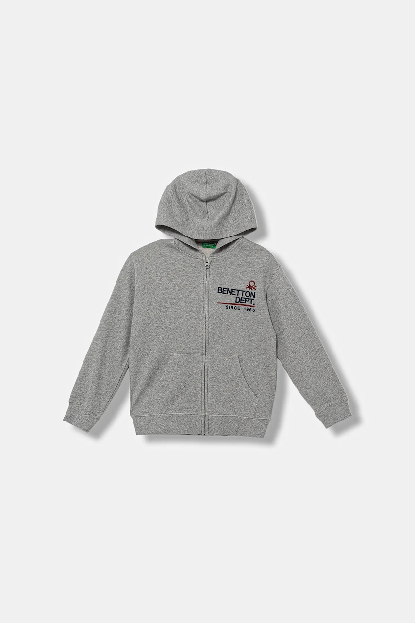Levně Dětská bavlněná mikina United Colors of Benetton šedá barva, s kapucí, vzorovaná, 3J68C505C