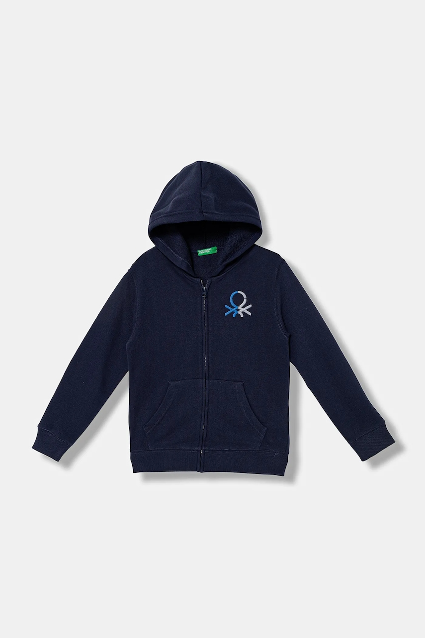 United Colors of Benetton hanorac de bumbac pentru copii culoarea bleumarin, cu glugă, cu imprimeu, 3J68C505C
