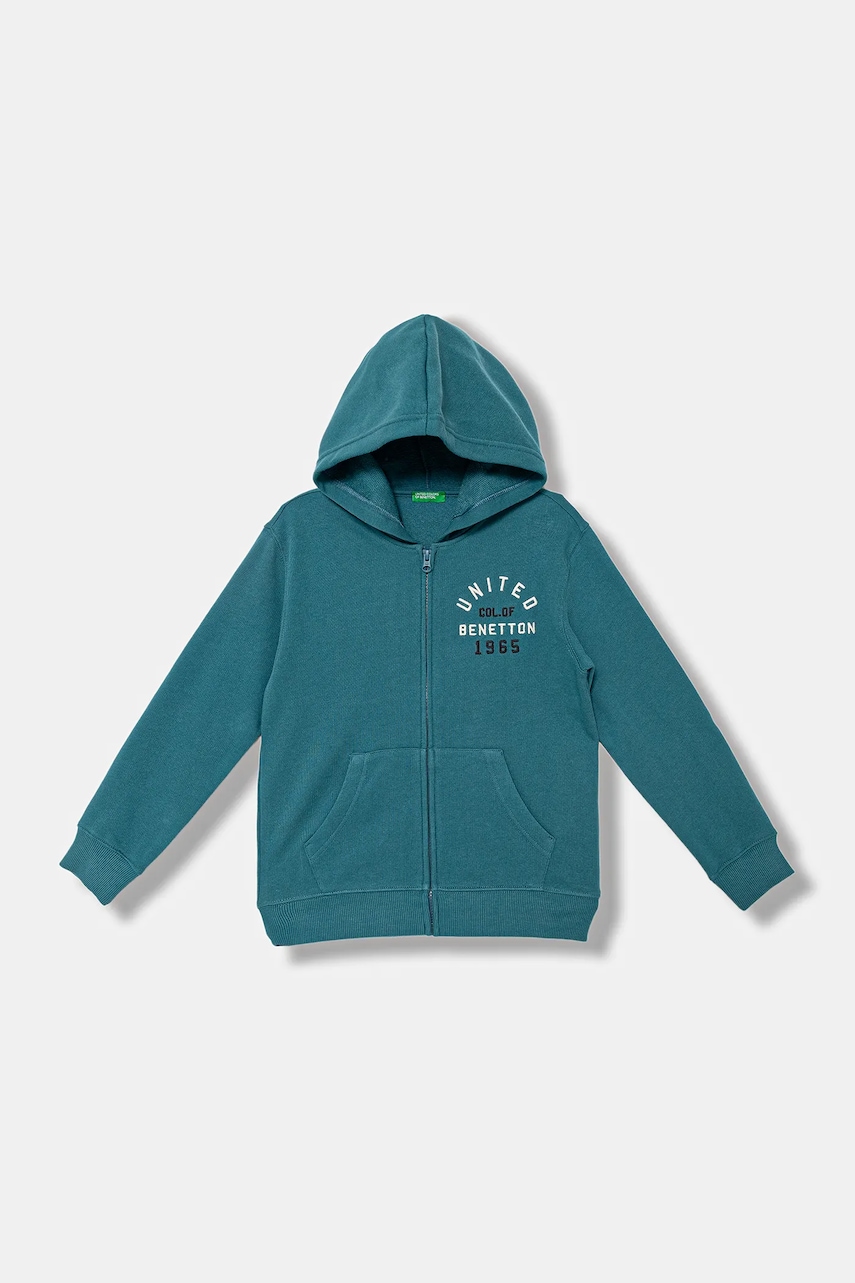 United Colors of Benetton hanorac de bumbac pentru copii culoarea turcoaz, cu glugă, cu imprimeu, 3J68C505C