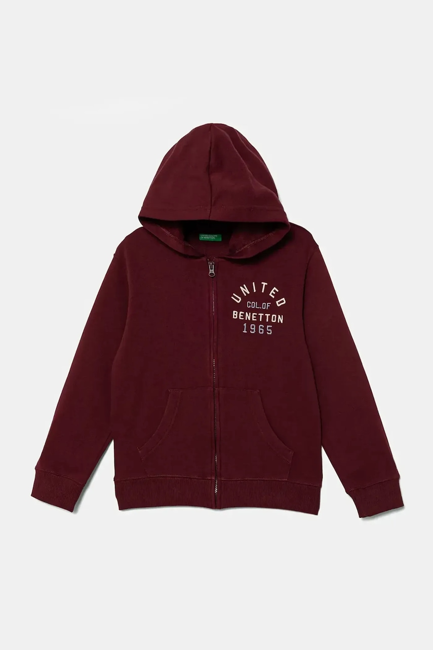 United Colors of Benetton hanorac de bumbac pentru copii culoarea bordo, cu glugă, cu imprimeu, 3J68C505C